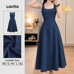 Lovito Vestido Feminino Azul Elegante Gola Quadrada Lavagem Bruta com Textura Modelo Longo Flare Primavera Verão Traje de Trabalho DRK10P2D289