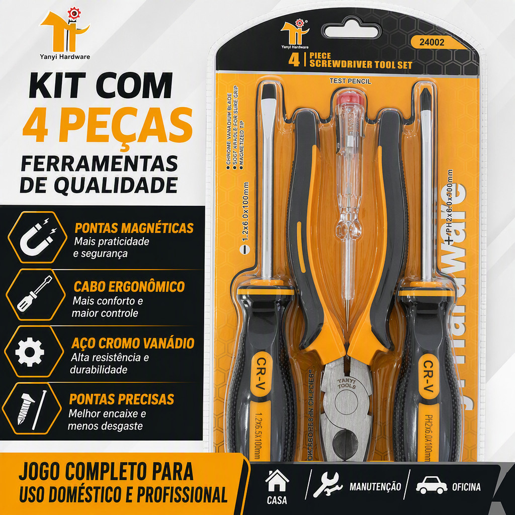 Kit Ferramentas Básico 4 em 1 Alicate Universal, Chave Fenda e Phillips, Caneta Teste Elétrica para Reparos Domésticos