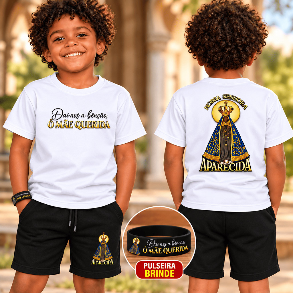 Kit Conjunto Religioso Camiseta Bermuda Infantil Dia das Crianças Kit Infantil Juvenil Brinde Fé Cristão