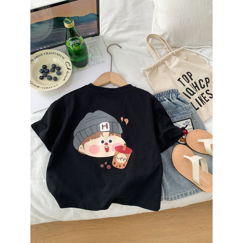 Crianças dos desenhos animados camiseta de manga curta verão meninas crianças puro algodão estilo ocidental meia manga p