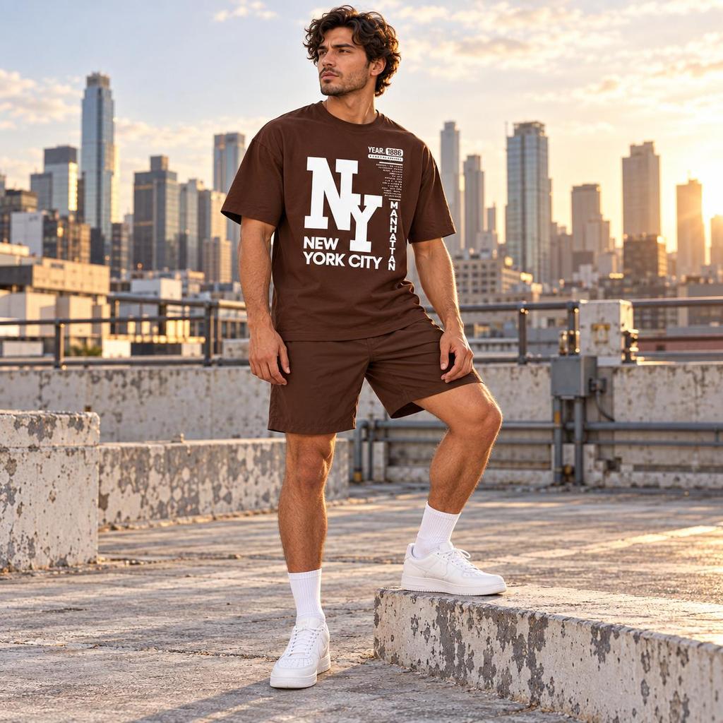 Conjunto New York Marrom Masculino Short e Camiseta Elastano Confortável