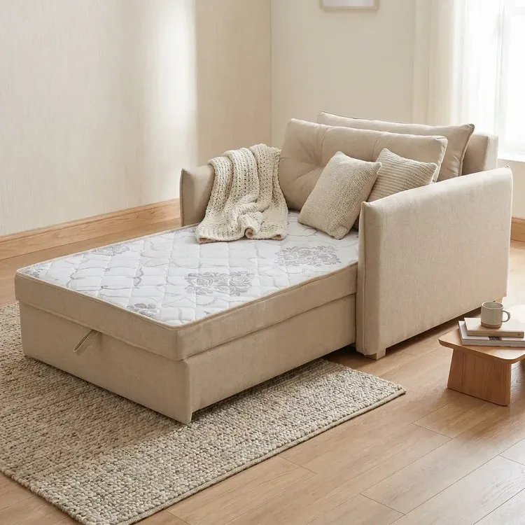 Sofá Cama Solteiro Montreal com Colchão Fixo em Linho Bege Bege