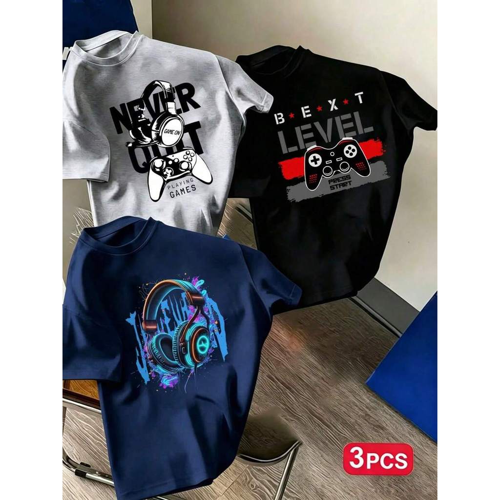 3 Peças Camiseta de Manga Curta com Gola Redonda e Estampa Gráfica Popular para Meninos Pré-Adolescentes