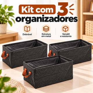 Kit 1 a 3 Cesto Organizador 25L Caixa Organizadora Dobrável Tecido Multiuso Roupa Brinquedos Closet Alça