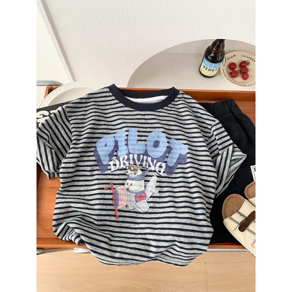 Meninos verão listrado camiseta de manga curta 2026 novo estilo crianças em torno do pescoço versão coreana solta meia m