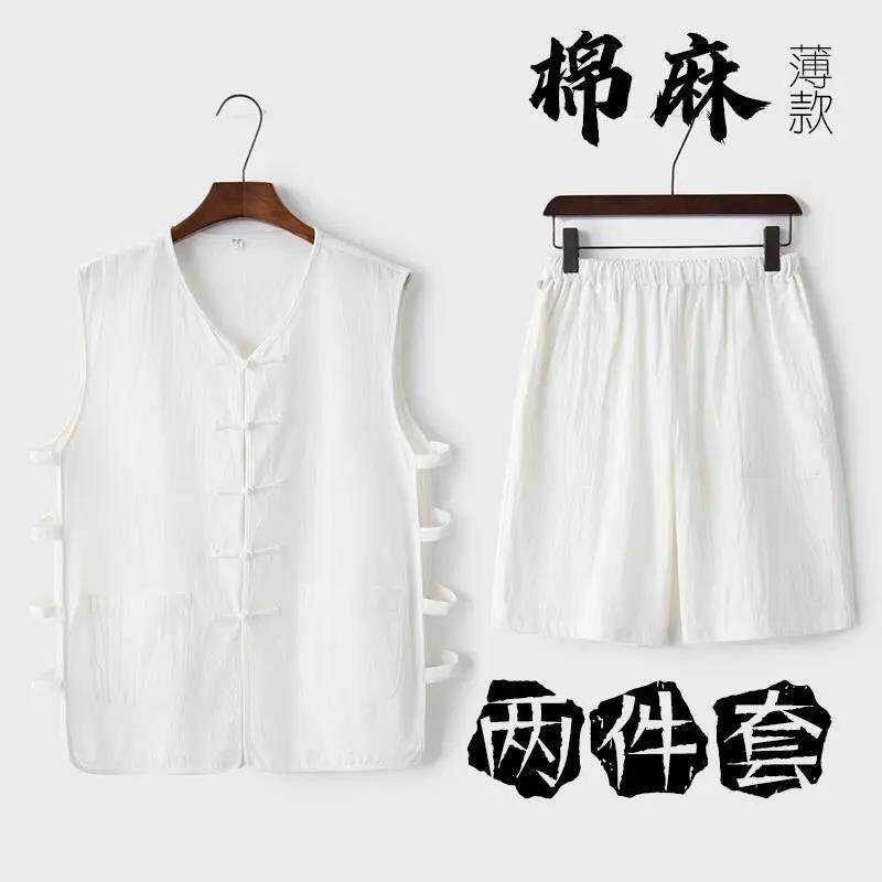 Verão algodão linho Tang terno colete estilo chinês suor colete Casual com decote em V Han camisa camiseta estilo chinês