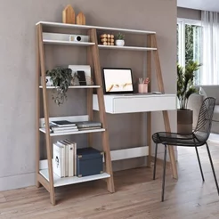 Conjunto Escritório Escrivaninha e Estante Multiuso 1 Gaveta 126cm Branco e Mel