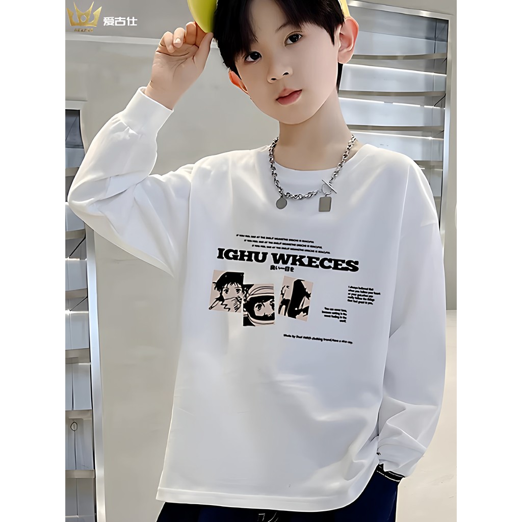 Crianças Anime japonês puro algodão impresso manga comprida camiseta em torno do pescoço médio grande crianças primavera