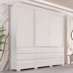 Guarda-Roupa Casal 3 Portas 9 Gavetas com Pés Luana Branco Branco