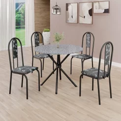 Conjunto Sala de Jantar Mesa Redonda 75cm Tampo Granito Ocre 4 Cadeiras Linda Yescasa Preto/Floral/Fosco Preto