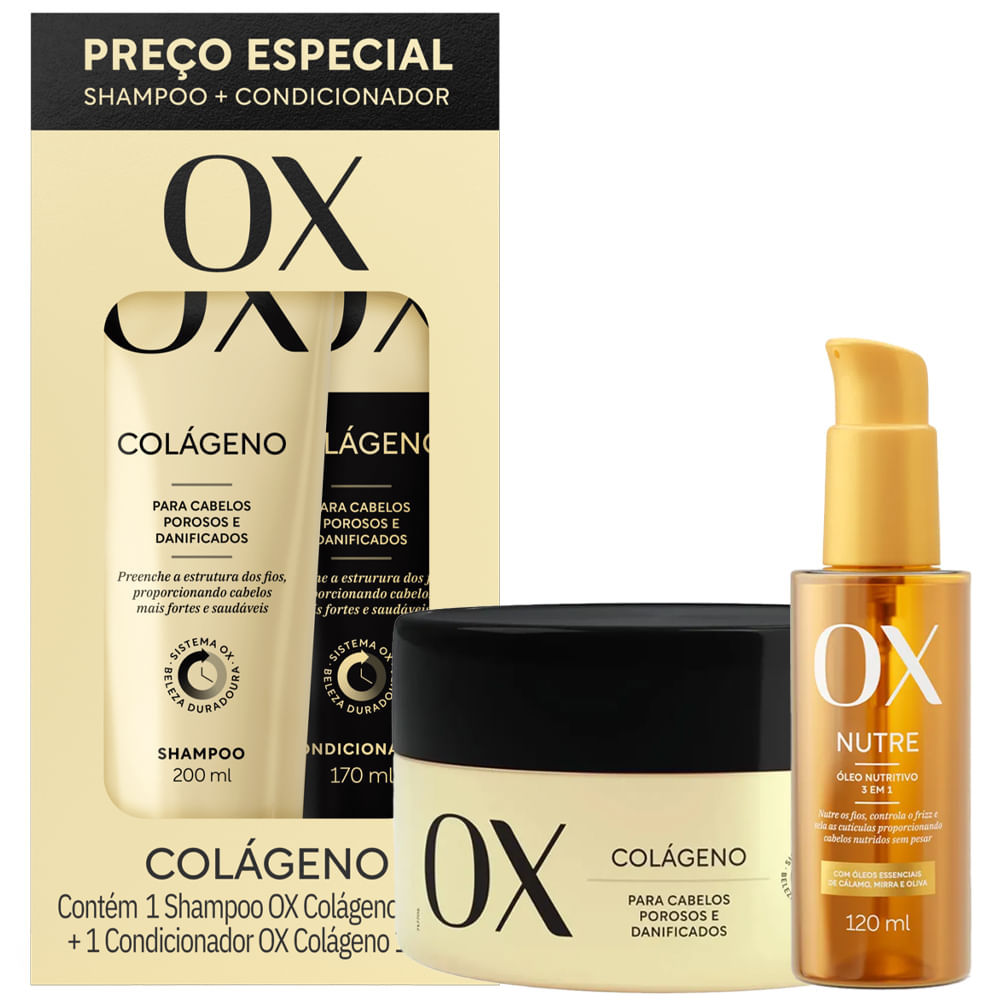 Kit OX Colágeno Shampoo + Condicionador + Máscara 300g + Óleo Capilar Nutritivo 120ml