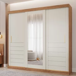 Guarda-Roupa Casal 235cm 3 Portas de Correr com Espelho 100% MDF Boston Espresso Móveis Off White/Cinamomo Cinamomo/Off
