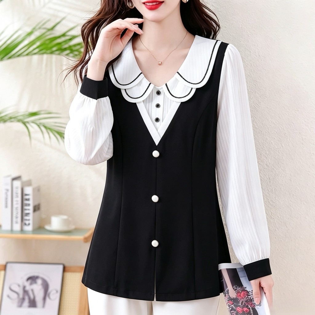 Olhos Grandes [Roupas Femininas Oversized] Camisa de Manga Comprida-Fat mm Plus Size Outono Gola Boneca Camisa de Manga 