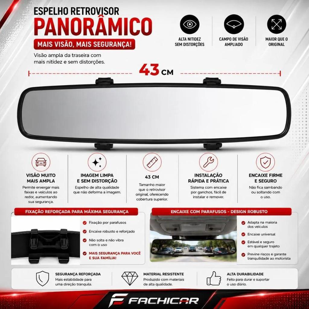 Espelho Retrovisor Interno Universal Convexo Panorâmico Automotivo 43cm — imagem 2 de 2