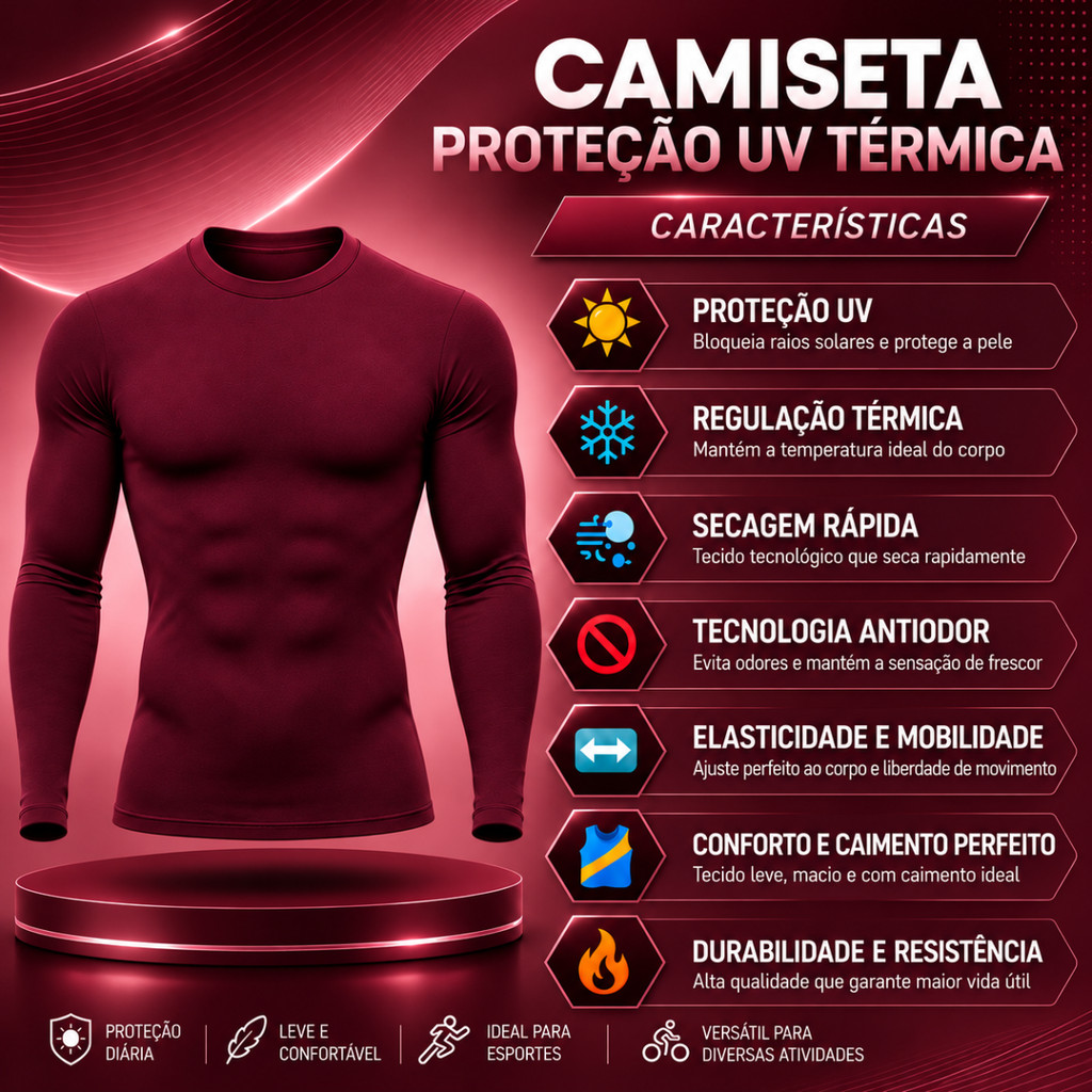 Camiseta Proteção Solar Uv 50+ Vinho Bordô Segunda Pele Masculina Térmica Frio e Calor Treino