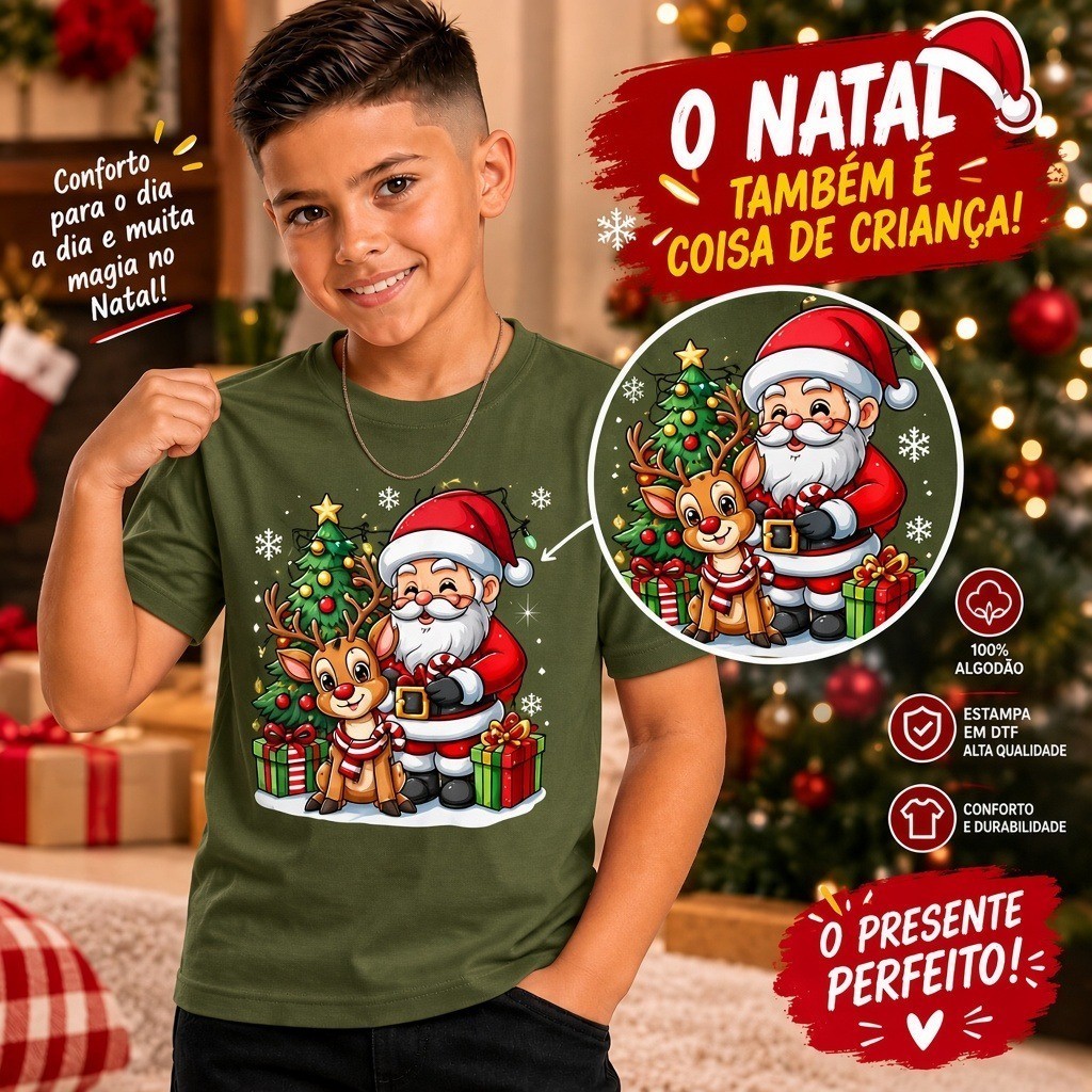 Camiseta de Natal Infantil Básica Blusinha de Criança e Juvenil Estampa Religiosa Jesus Ceia Natalina Masculina