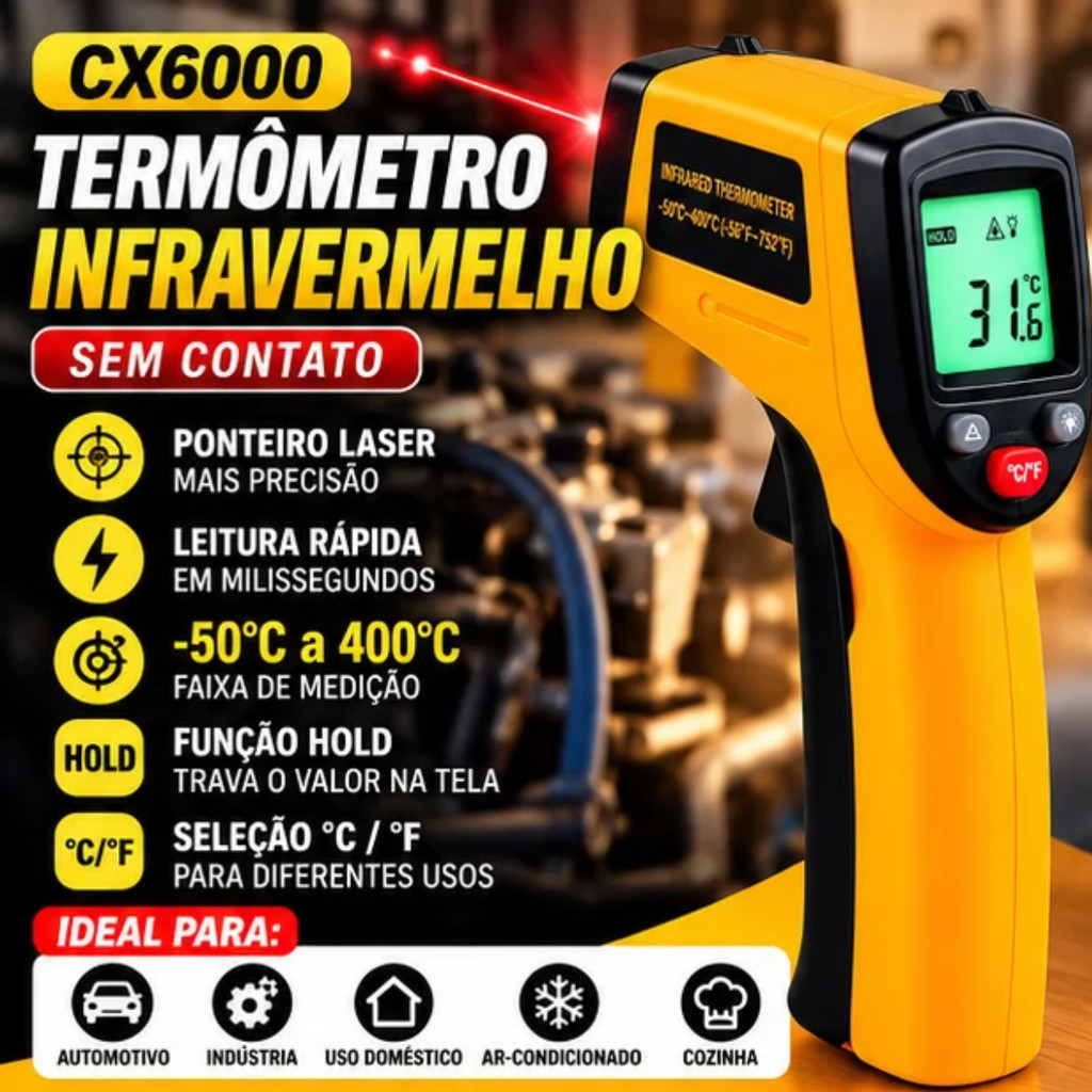 Termômetro Infravermelho Digital Laser CX6000 -50°C a 400°C Medidor Temperatura Superfície Sem Contato Portátil