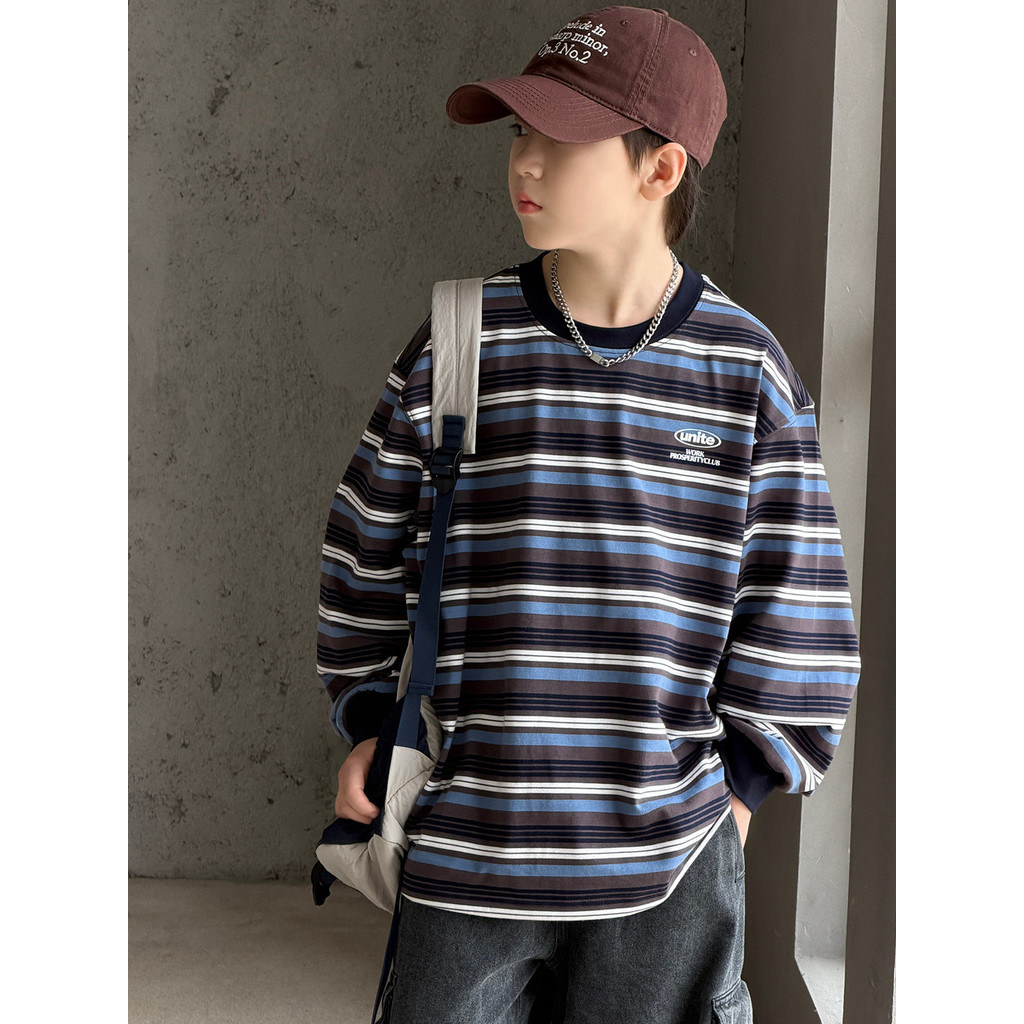 Meninos outono listrado impresso camiseta 2026 novo estilo meninos bonito médio grande crianças primavera outono roupas 