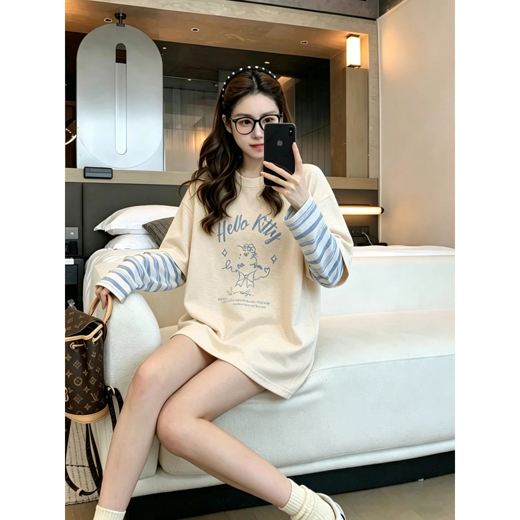 Roupa de maternidade primavera outono falso listrado de duas peças de manga comprida camiseta feminina tamanho grande ca
