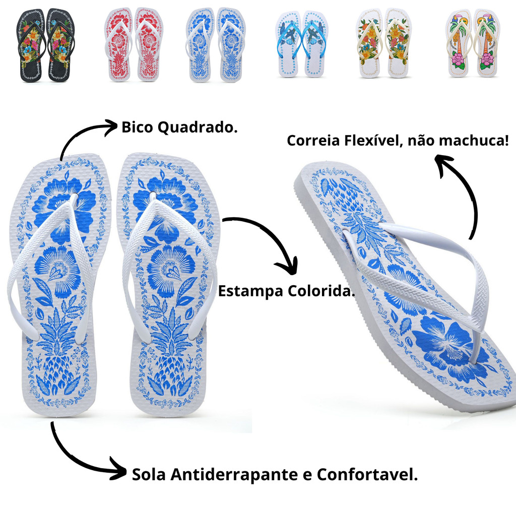 Chinelo Feminino Quadrado Estampa Azulejo Azul do 33 ao 40 Elegante Rasteirinha Verão Moda