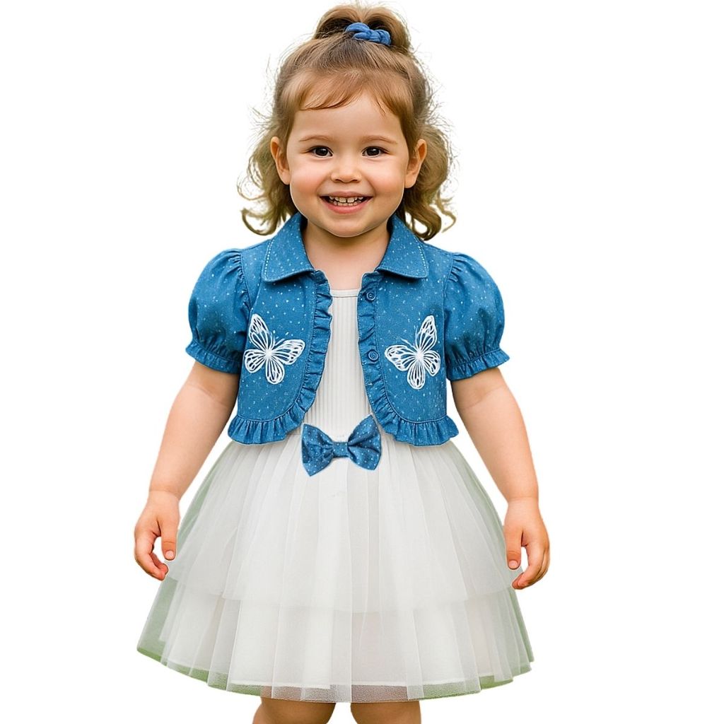 Conjunto Infantil Vestido Branco Casaquinho Jeans Borboletas