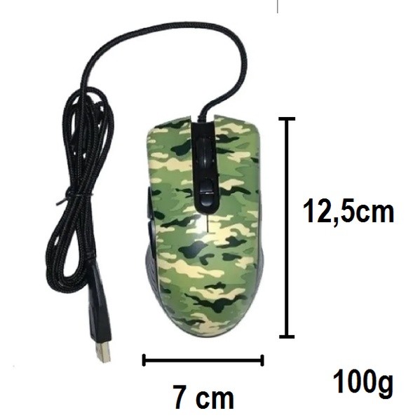 Mouse Gamer 7 Botões 7200 dpi LED RGB Camuflado com Cabo Trançado USB 95g Formato Ergonomico