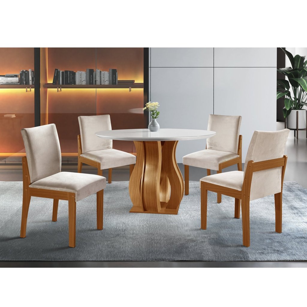 Conjunto Sala de Jantar Mesa Nuance 110cm Redonda Tampo Vidro/MDF com 4 Cadeiras Monaco Yescasa Cinamomo/Creme/Off White em Oferta na Shopee