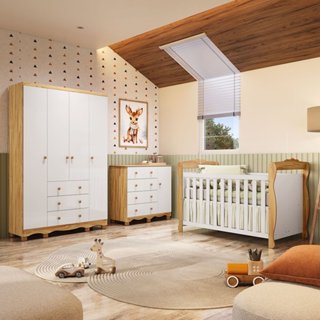 Quarto de Bebê Completo Berço 3 em 1, Guarda-roupa 4 Portas e Cômoda 100% MDF Nina Espresso Móveis Branco em Oferta na Shopee