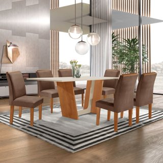 Conjunto Sala de Jantar Mesa Tampo Dakota Plus 160x80cm com 6 Cadeiras Luisa Yescasa  Cinamomo/Off White/Suede Animale em Oferta na Shopee