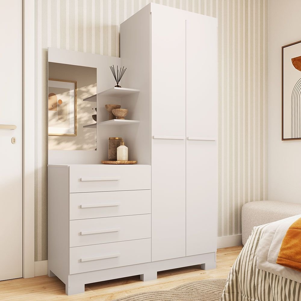 Guarda Roupa Solteiro 110cm 2 Portas e 4 Gavetas com Espelho Flex Color 100% Mdf Melissa  Branco/Rosa/Azul/Lilás