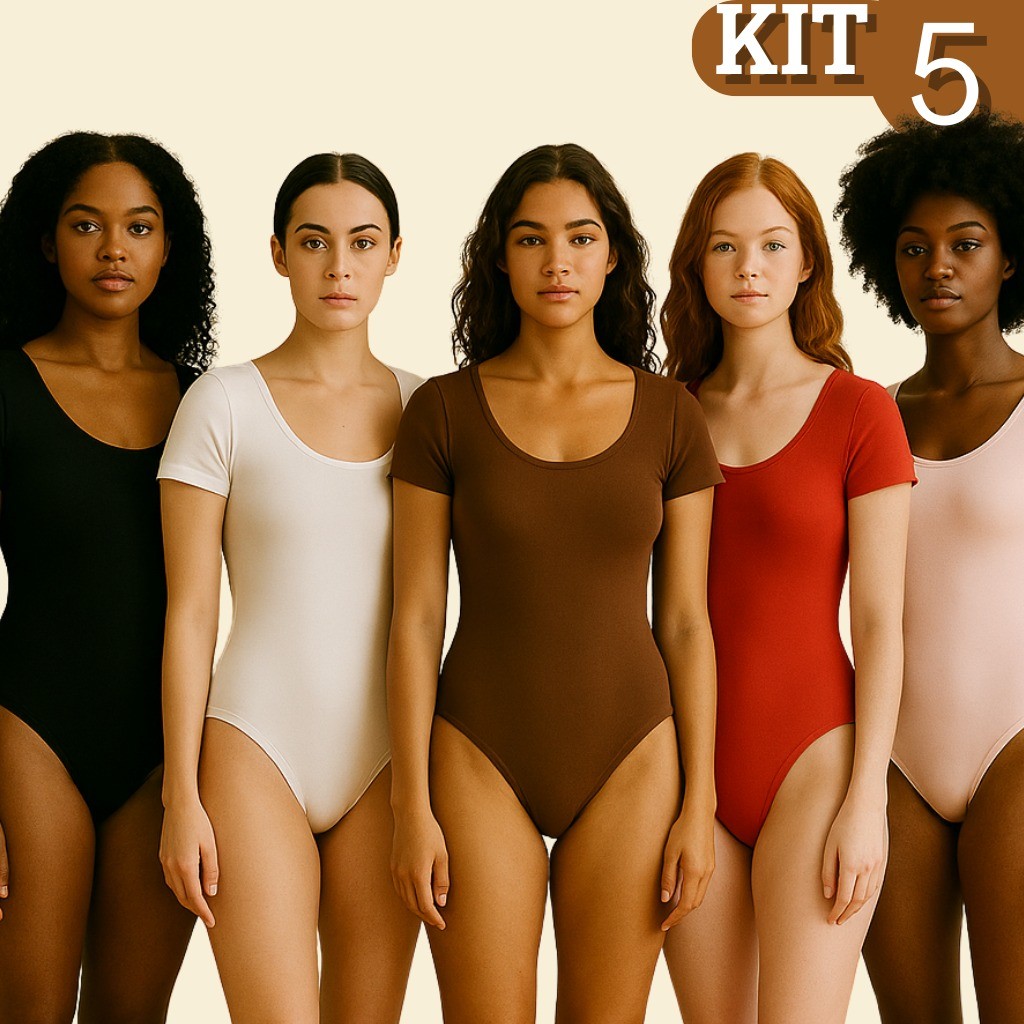 Kit 5 Body Feminino Manga Curta Plus Size com Decote Quadrado em Suplex
