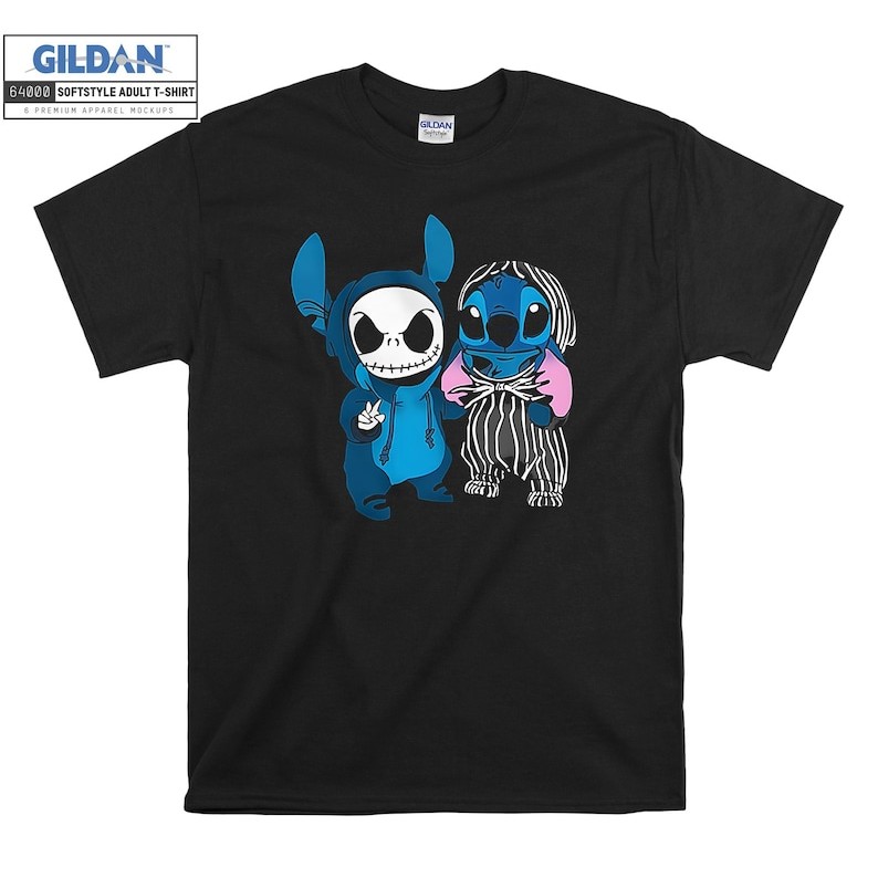 Camiseta Feminina Estilosa De Algodão Com Stitch E Jack Skellington De Lilo & Stitch E O Estranho Mundo De Jack