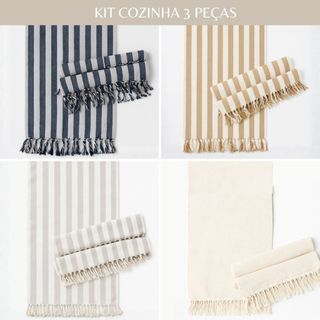Kit Cozinha Buzios 3 Peças Tapetes Listrados Rústicos Decorativos 100% Algodão 160CMx40CM e 80CMx40CM Top
