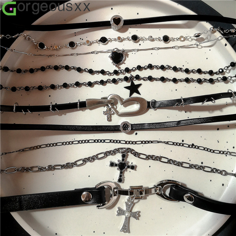 [Gorgeousxx] Goth Y2K Vintage Preto Coração Cruz Pingente Corrente Gargantilha Colar Para Joias Femininas