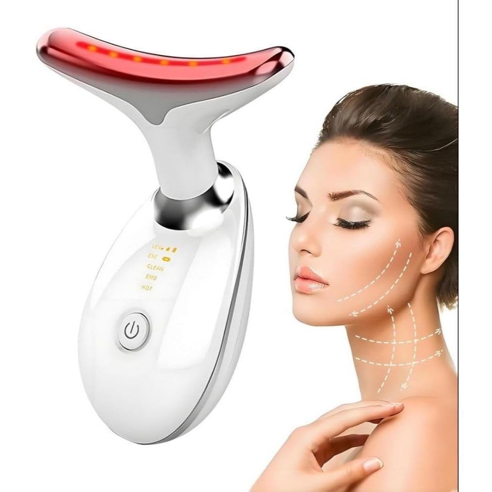 Massageador Facial LED 7 Cores – Modos, Aparelho Anti-Rugas para Rosto e Pescoço, Tratamento Estético Vibratório com Luz