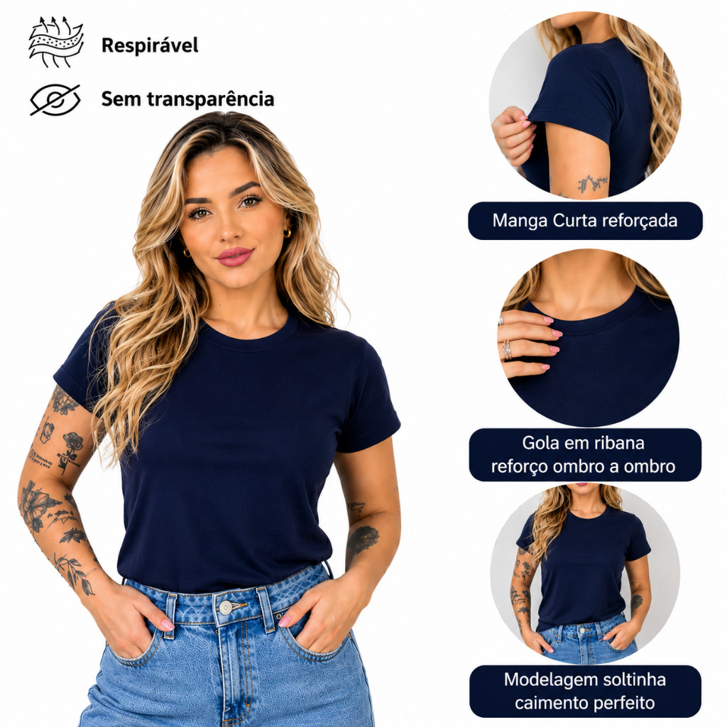 Blusa T-shirt Camiseta Feminina Básica Lisa 100% Algodão Manga Curta.