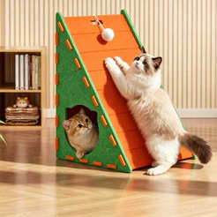 Arranhador triangular de feltro para gatos com casinha e brinquedo, modelo multifuncional protege seu sofá