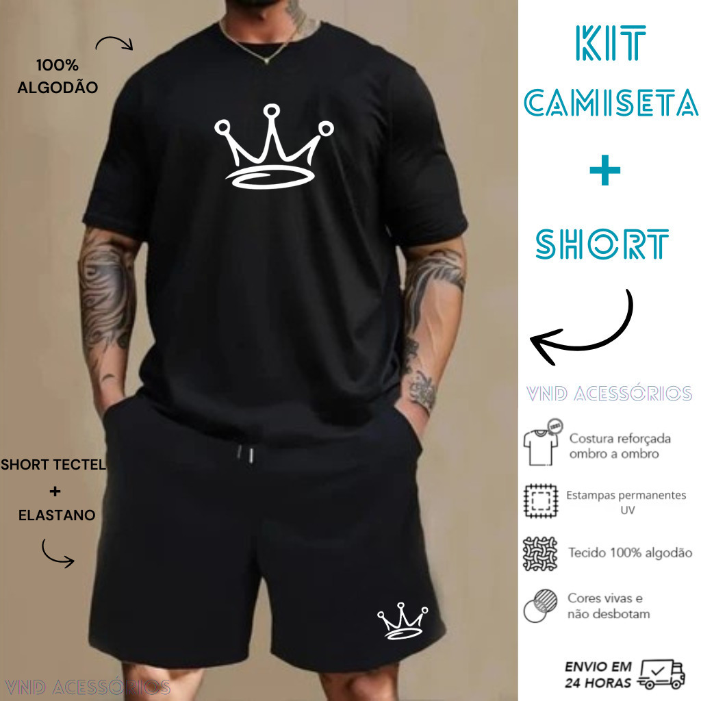 Conjunto Kit Camiseta 100% algodão E Bermuda Tectel Estampado Camisa Masculina Camiseta Short Faculdade COROA Rei Rainha