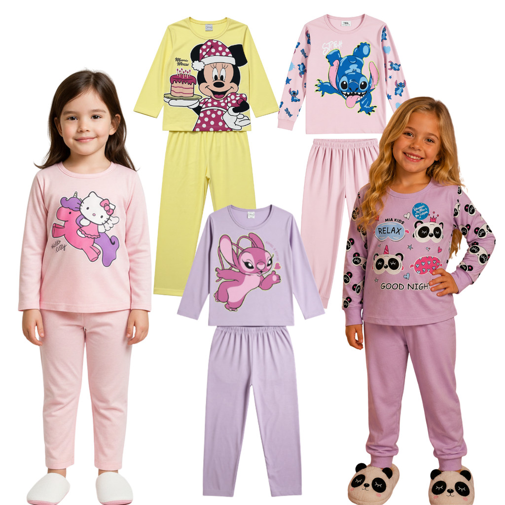 Conjunto Pijama Brilha no Escuro Personagens Manga Longa Menina Infantil Minnie Stitch Marie Inverno