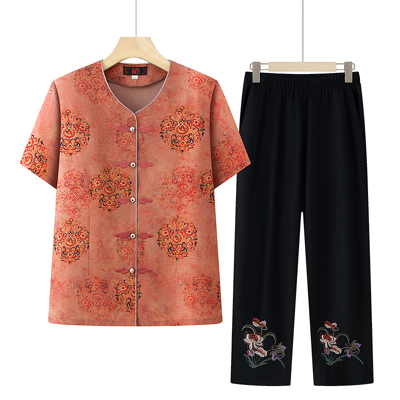 Roupas femininas idosas de meia-idade roupas da vovó verão de manga curta Cardigan roupas da mãe terno de duas peças vel