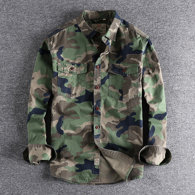 T na moda camuflagem japonesa americana ferramentas camisa de manga comprida masculina primavera outono bolso duplo All-