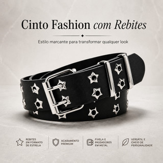 Cinto Feminino Fashion com Rebites em Estrela | Ajustável | Fivela Dupla Metálica | Casua…