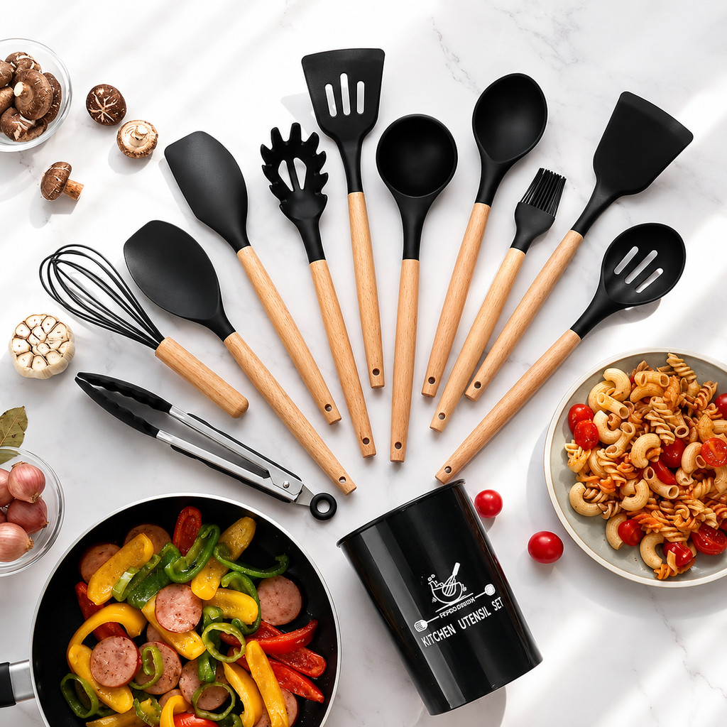 Kit Jogo de Cozinha C/12 Peças de Silicone Utensílios e Suporte Para Cozinha