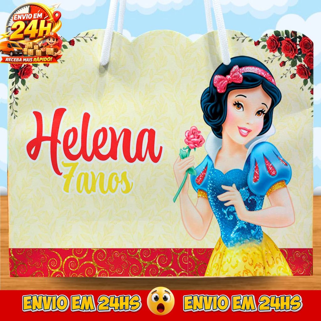 Sacolinhas Princesa Branca de Neve Personalizadas - Lembrancinhas Princesas da disney com Nome e Idade