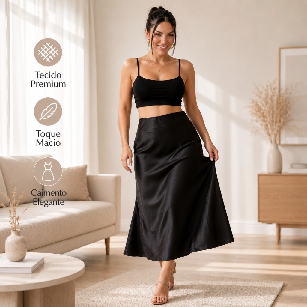 Saia Midi de Cetim Feminina Acetinada Lisa Cintura Alta Elegante Social Casual Festa Não Marca