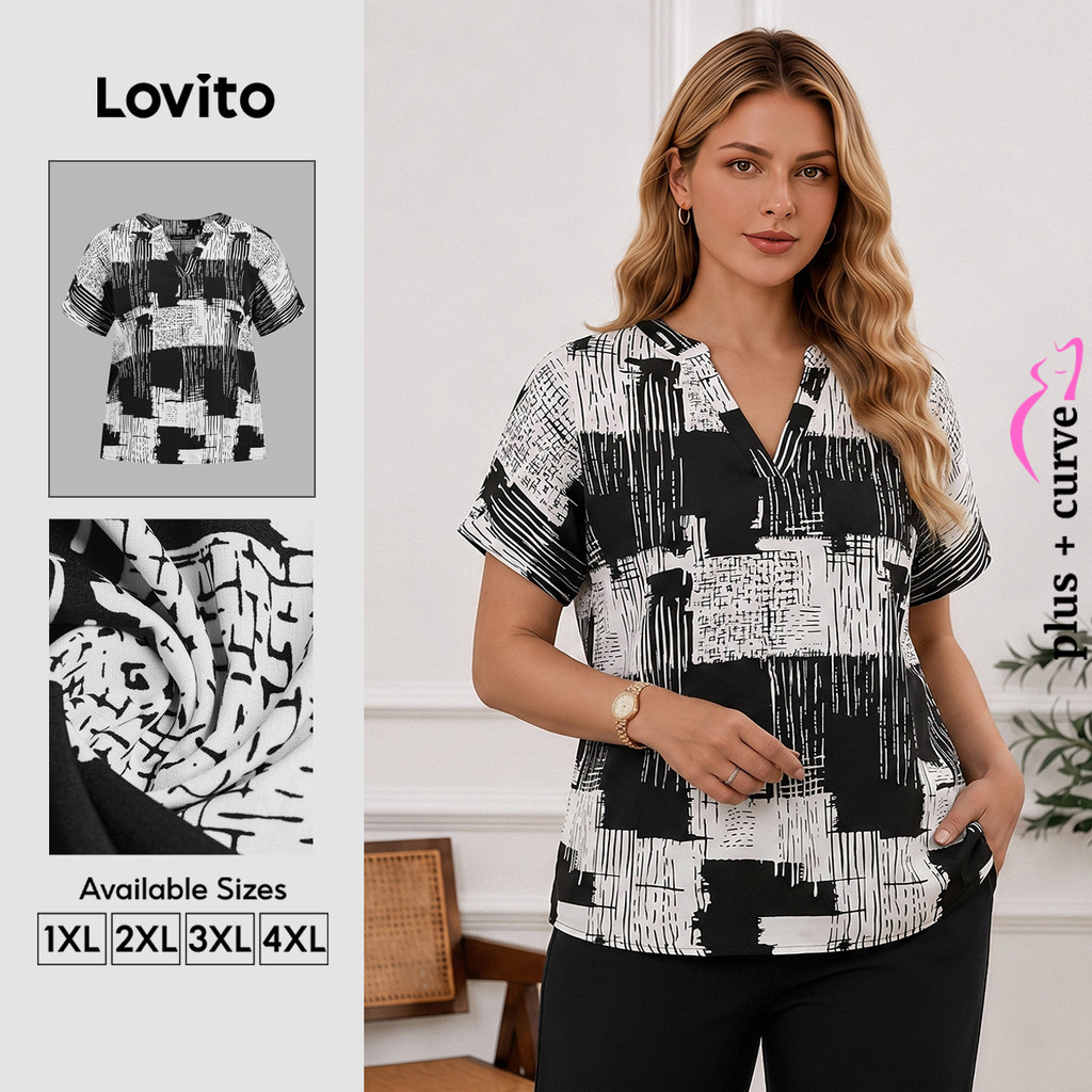 Lovito Casual Blusa Feminina Plus Size Curve Geométrica Primavera/verão LBL18308