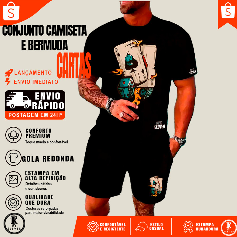 Kit Camiseta Masculina 100% Algodão + Bermuda Moletom Lançamento Estampada Cartas  Confortavel Diversas cores Unissex