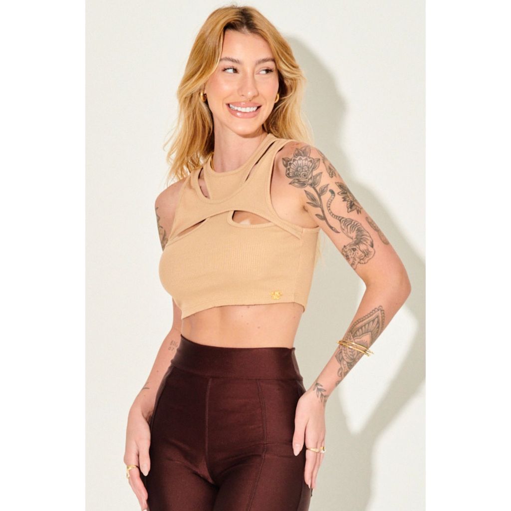 Cropped Feminino Canelada Decote Vazado Planet Girls Bege Médio
