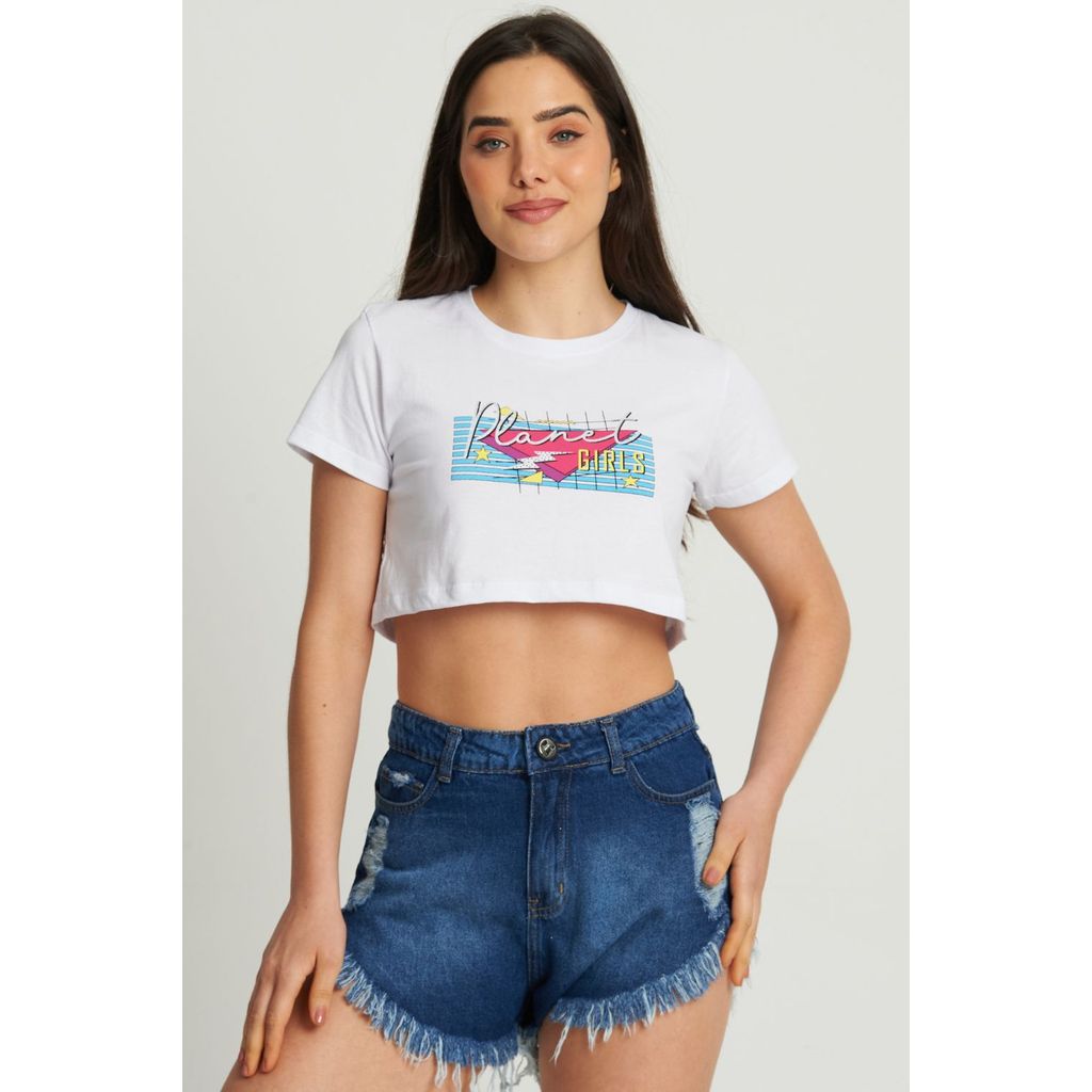 Cropped Feminino Logo Com Glitter Planet Girls Branco