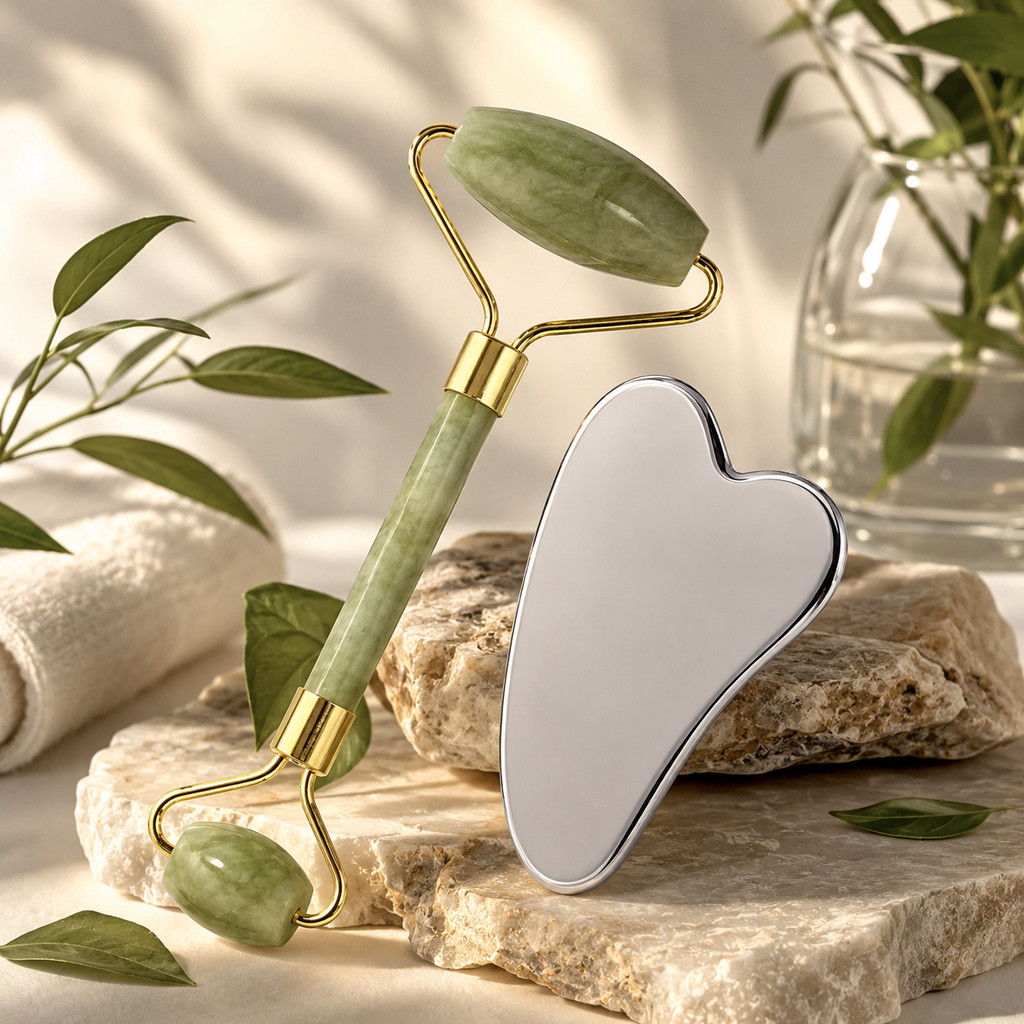 Massageador Facial Gua Sha e Rolo Facial  Opções em Aço Inoxidável ou Pedra Natural para Massagem e Contorno